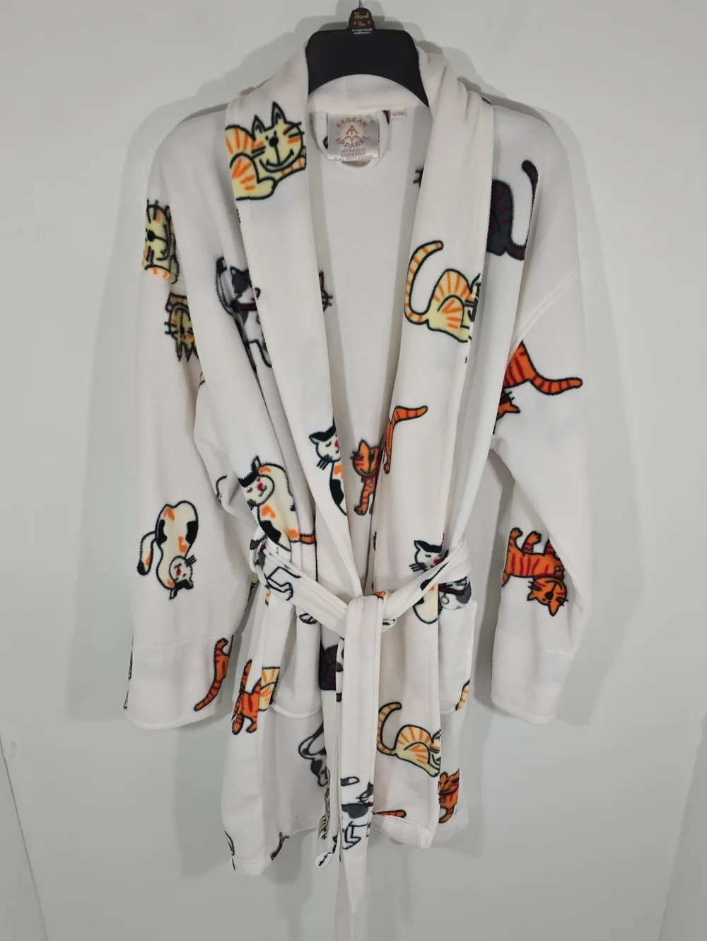 {Aegan Apparel} Soft Cat Print Fleece Robe White - ONE SIZE